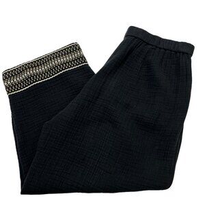 Pure Jill Pant Womens L Black Gauzy Wide Leg Pull‎ On Embroidered Cropped Boho